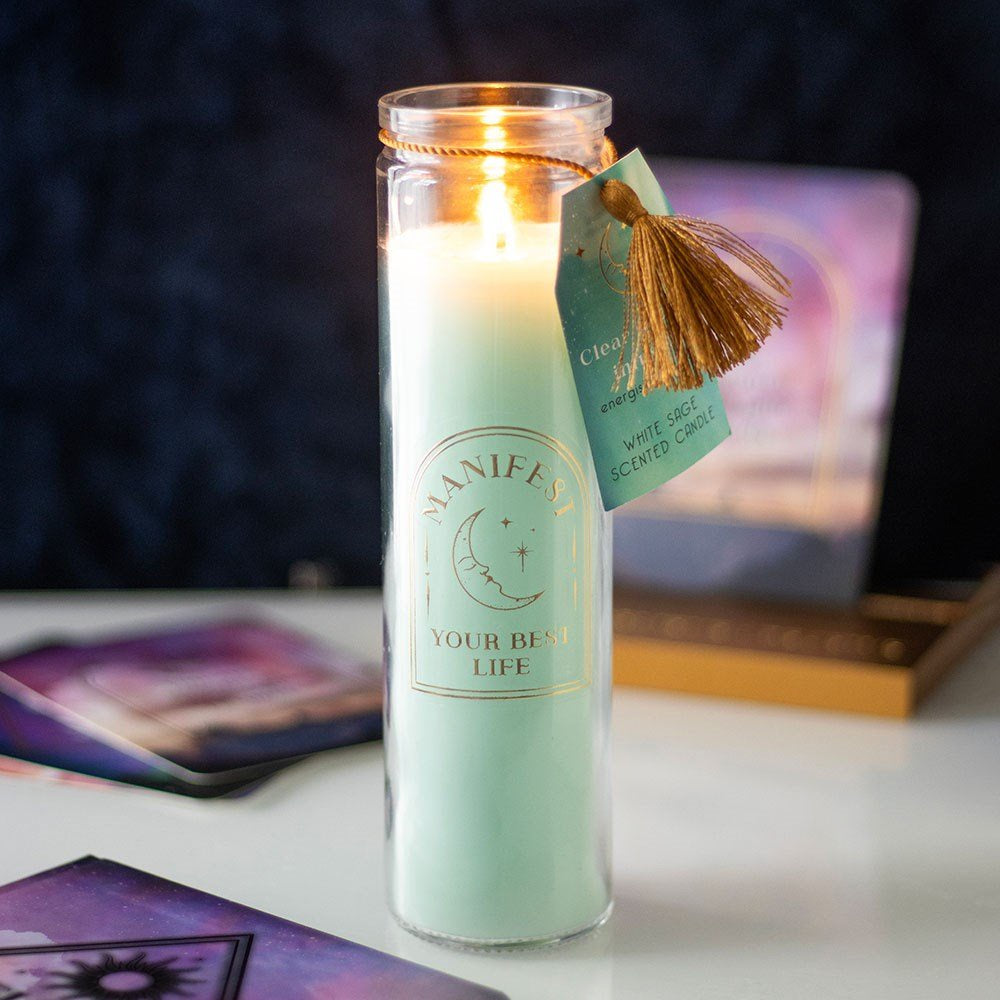 Candle White Sage Clear Quartz Chip Tall