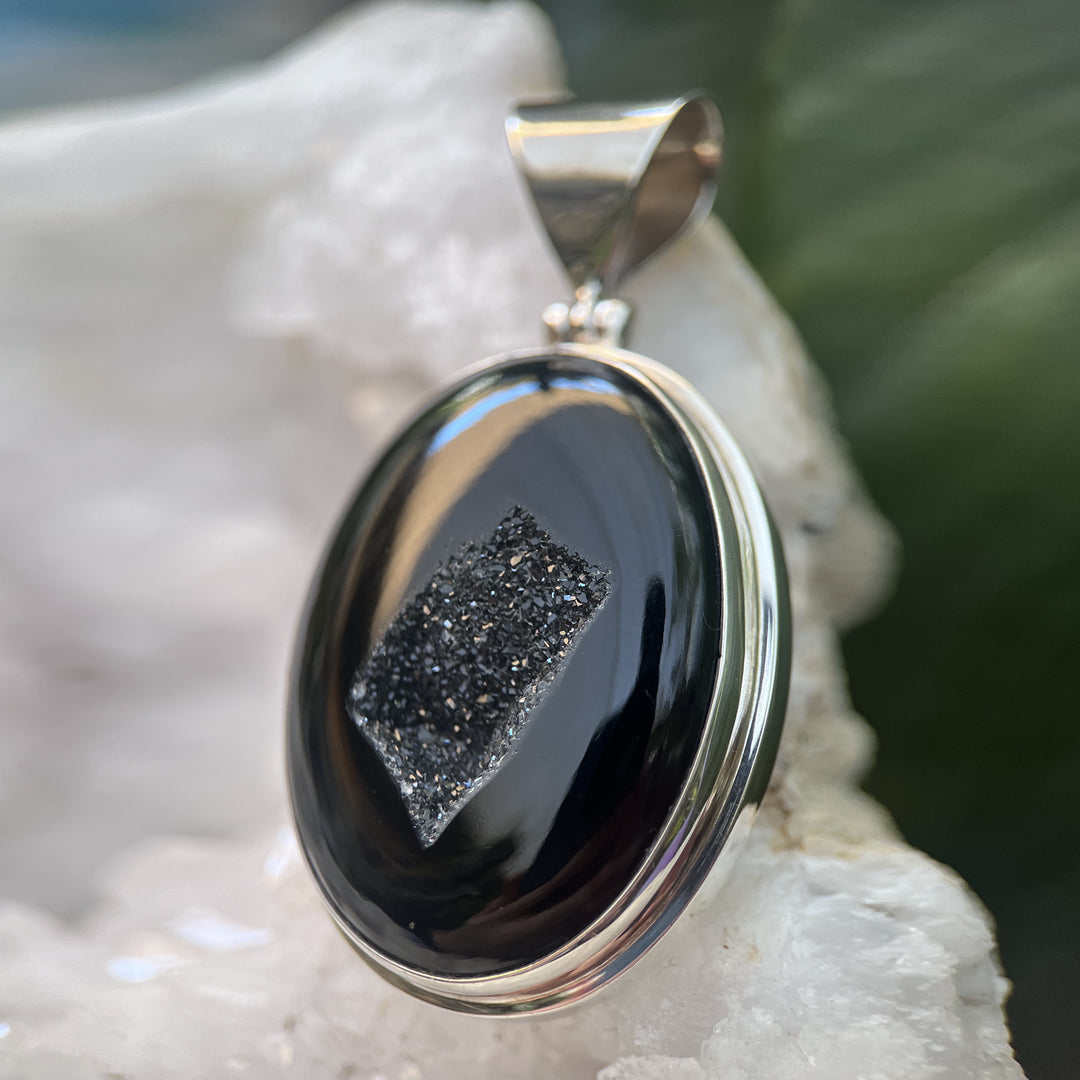 Pendant Black Druzy Quartz Oval 5.5 cm