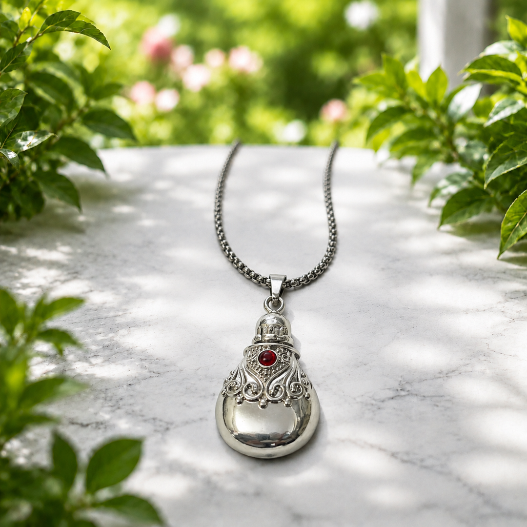Necklace Vial Red Stone Silver Metal