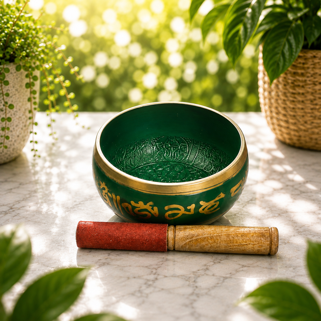 Singing Bowl Brass Buddha Design Green 10 cm - Instore Only