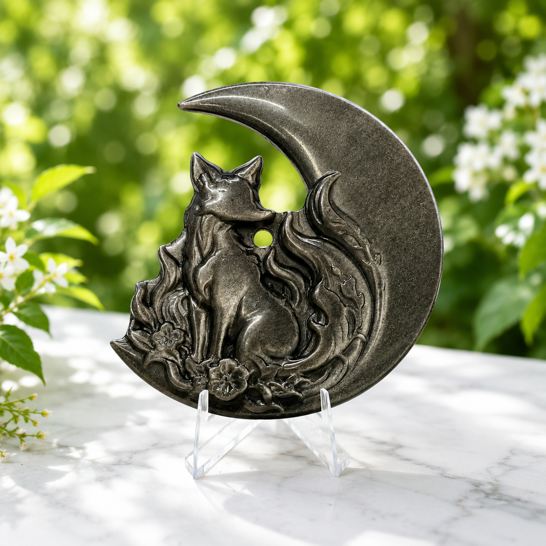 9 Tail Fox Silver Obsidian on Stand 8.6 cm