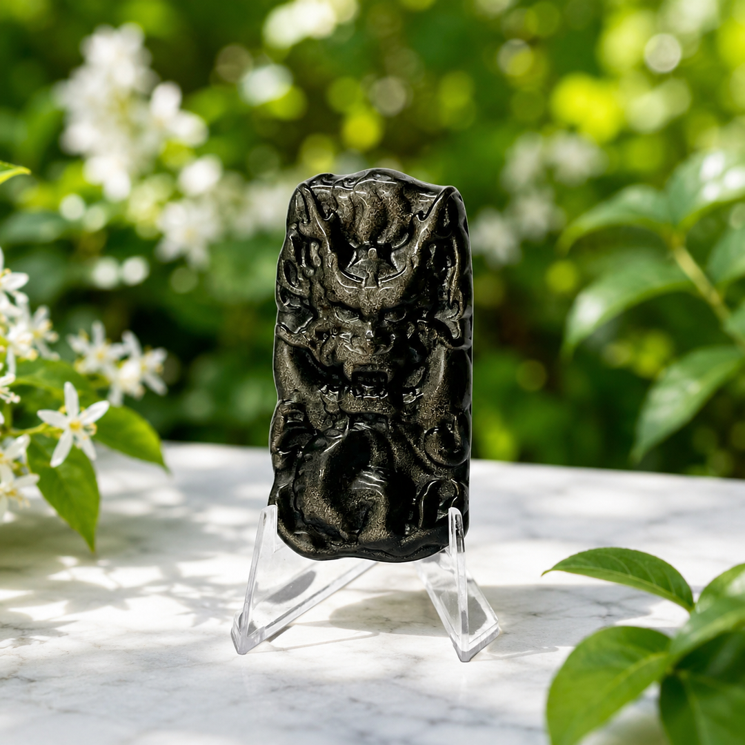 Dragon Obsidian Silver Sheen on Stand 5.8 cm