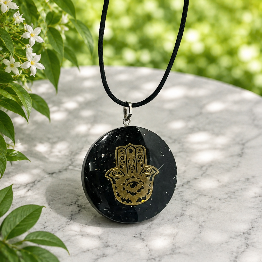 Necklace Shungite Hamsa Hand Round