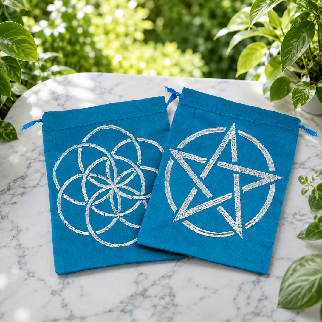 Tarot Pouch Symbols Blue and Silver