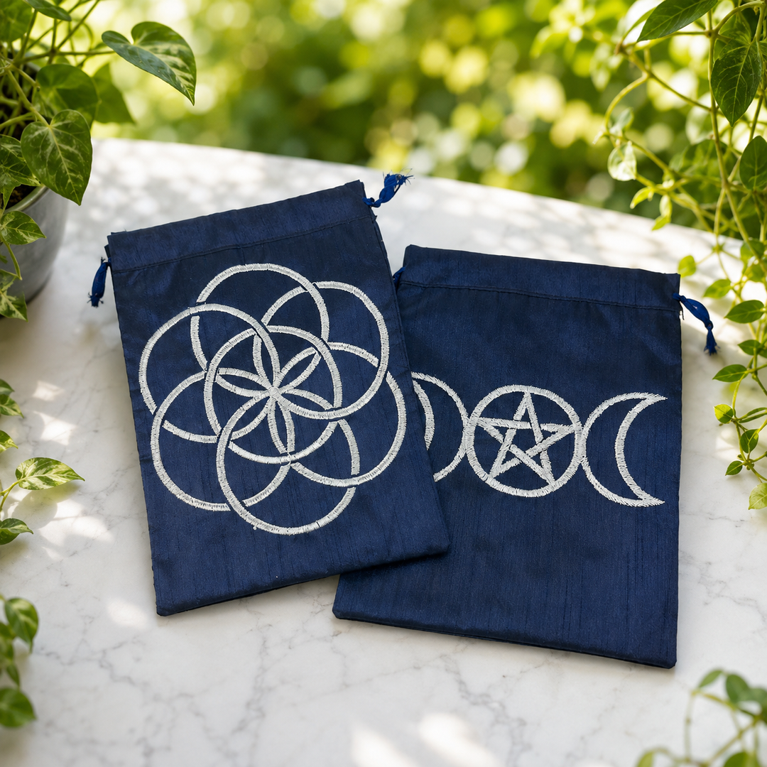 Tarot Pouch Symbols Navy Blue and Silver