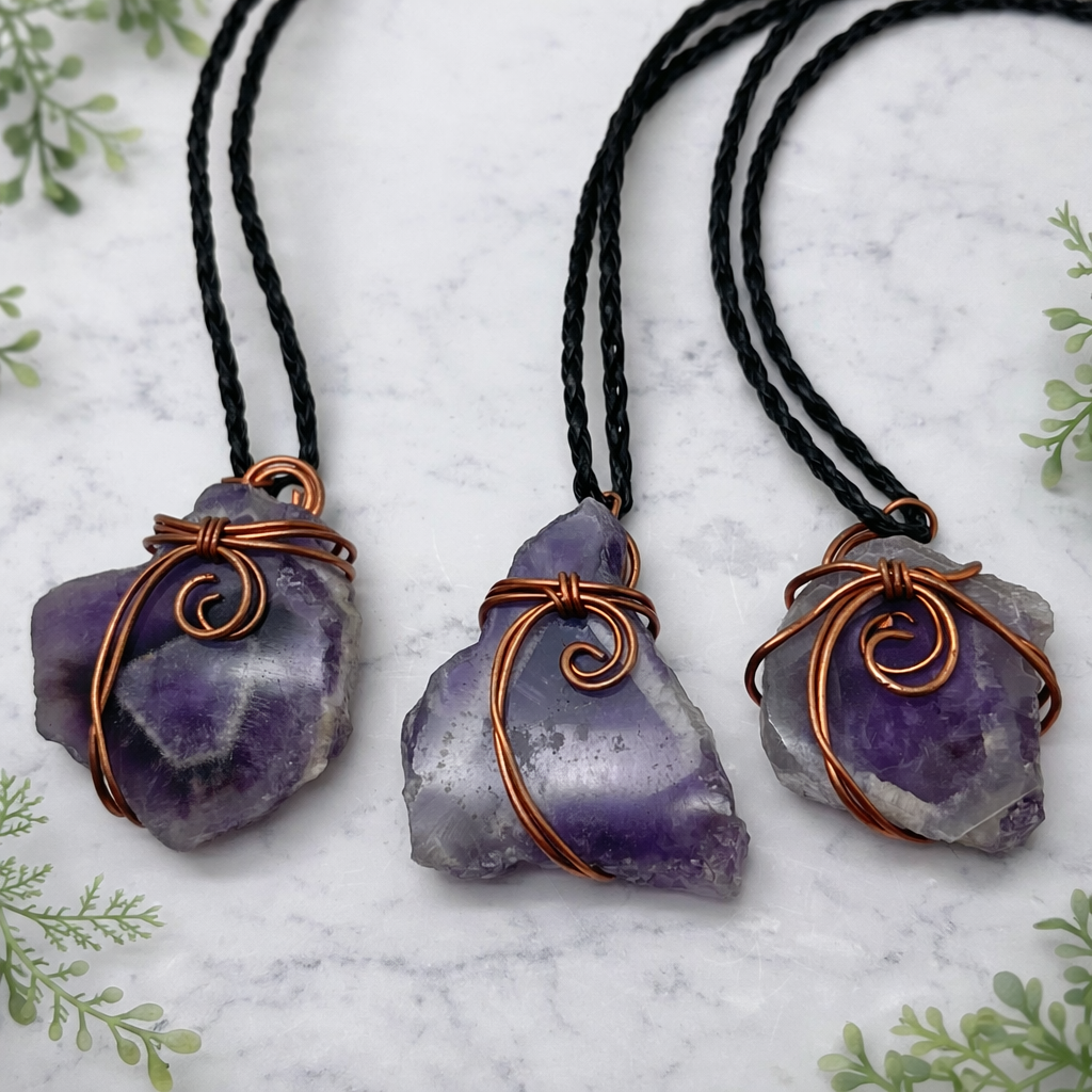 Necklace Amethyst Slice Window on Copper Zambia