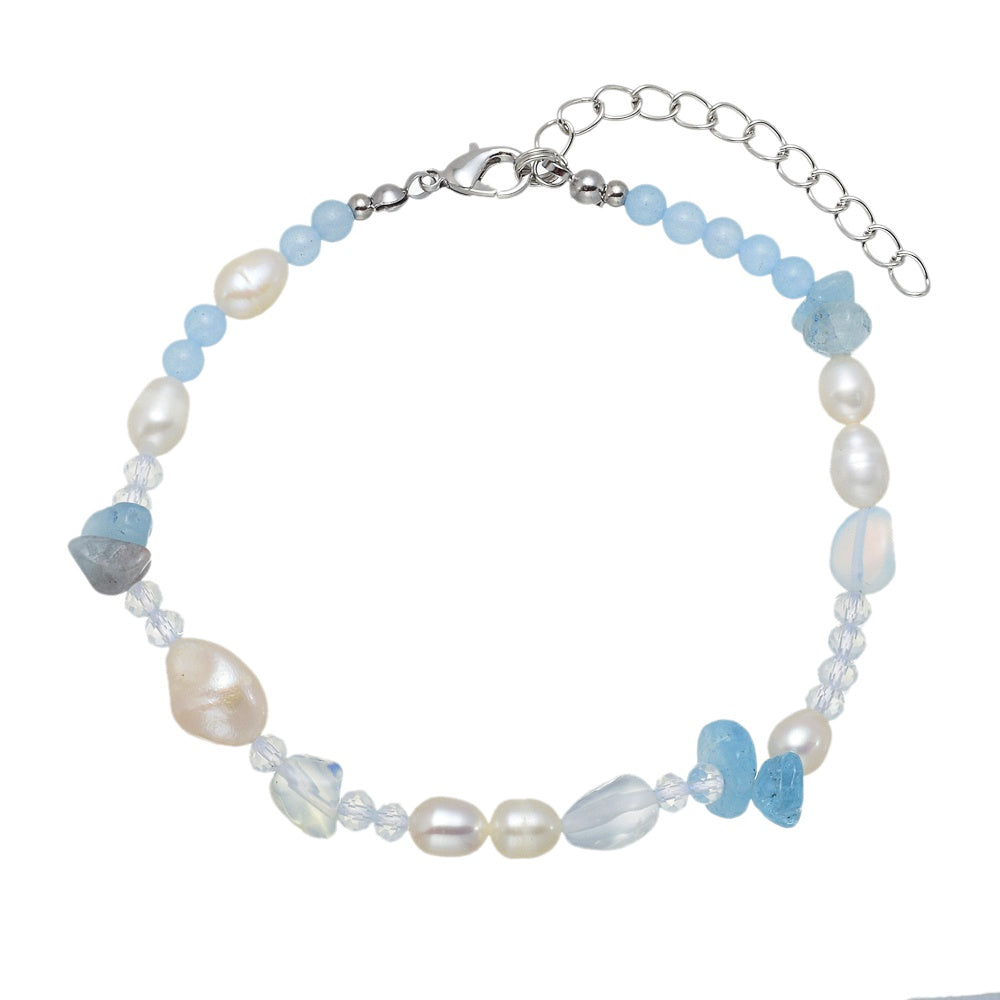 Anklet Aquamarine Blue Jade and Pearl