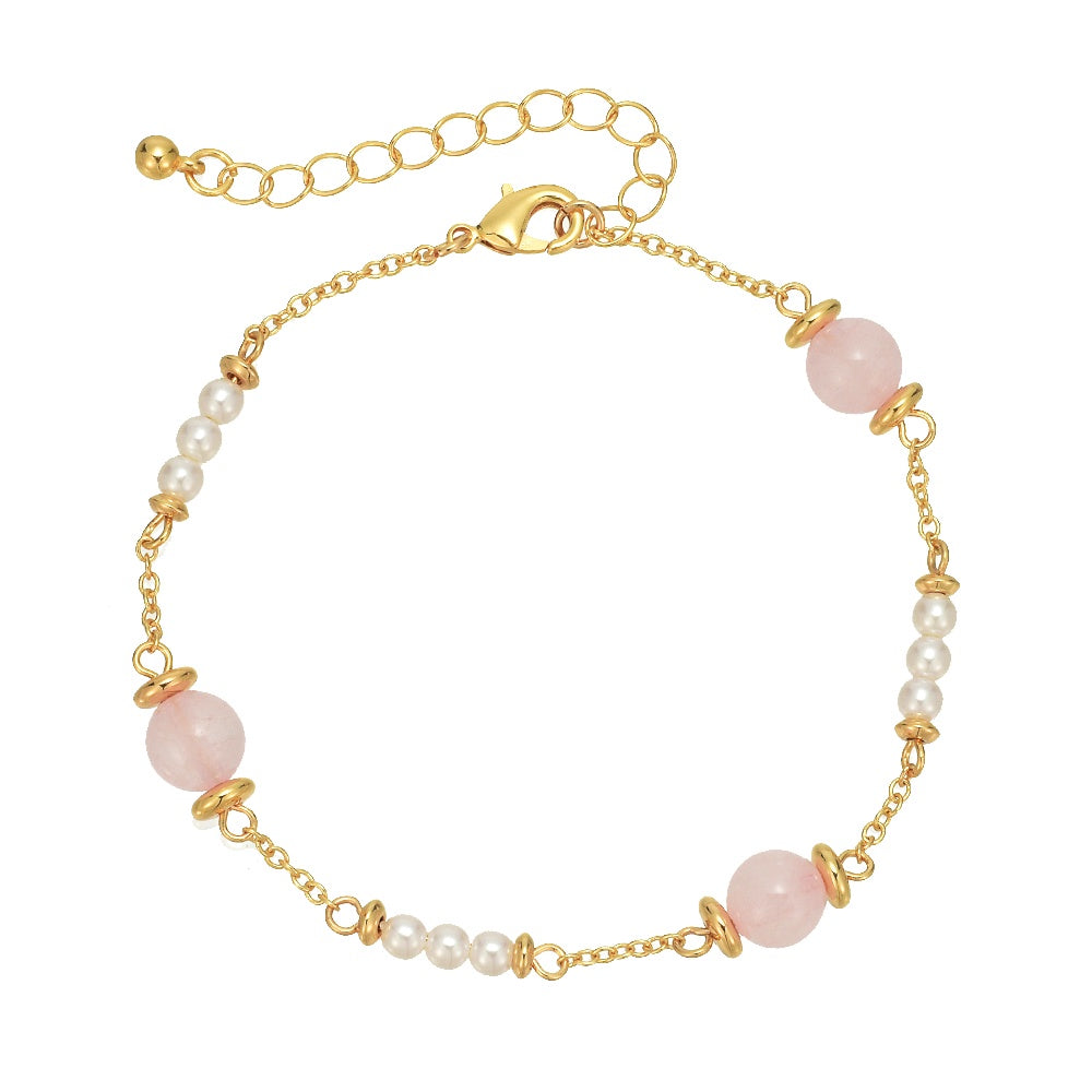 Anklet Rose Quartz and Pearl Gold