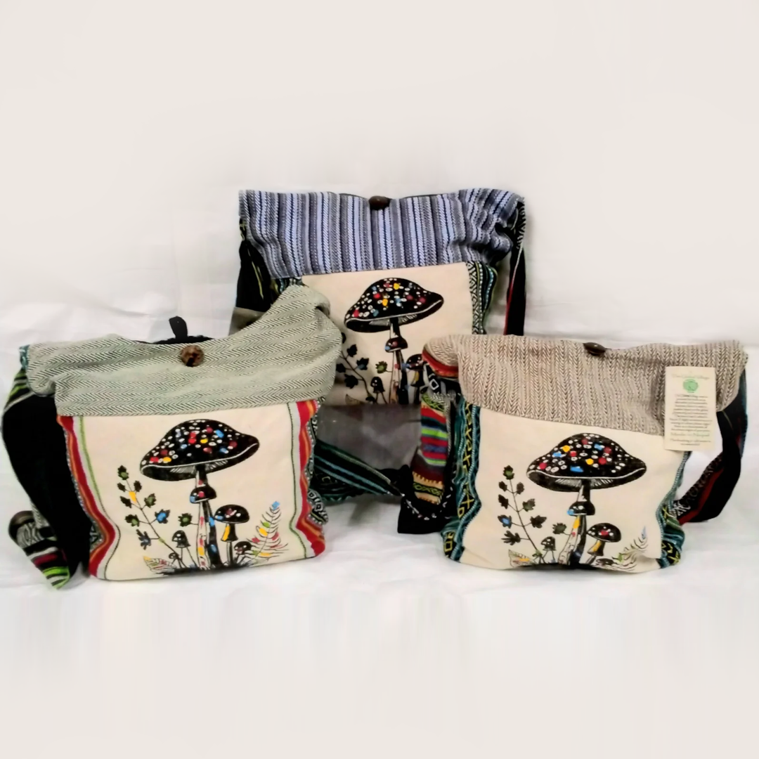 Shoulder Bag Mushroom Print Hemp and Cotton