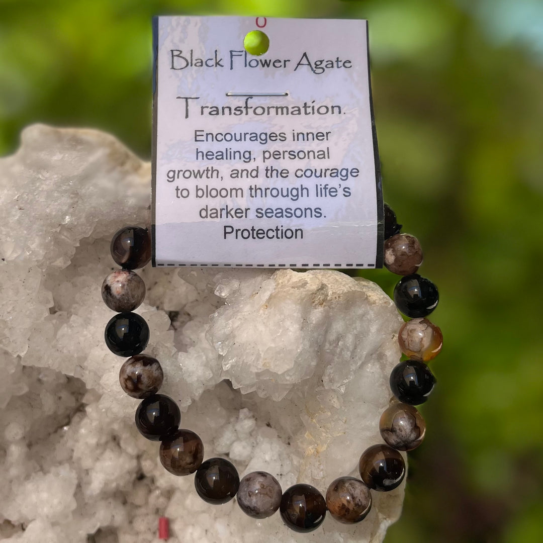 Bracelet Black Flower Agate 8mm Beads