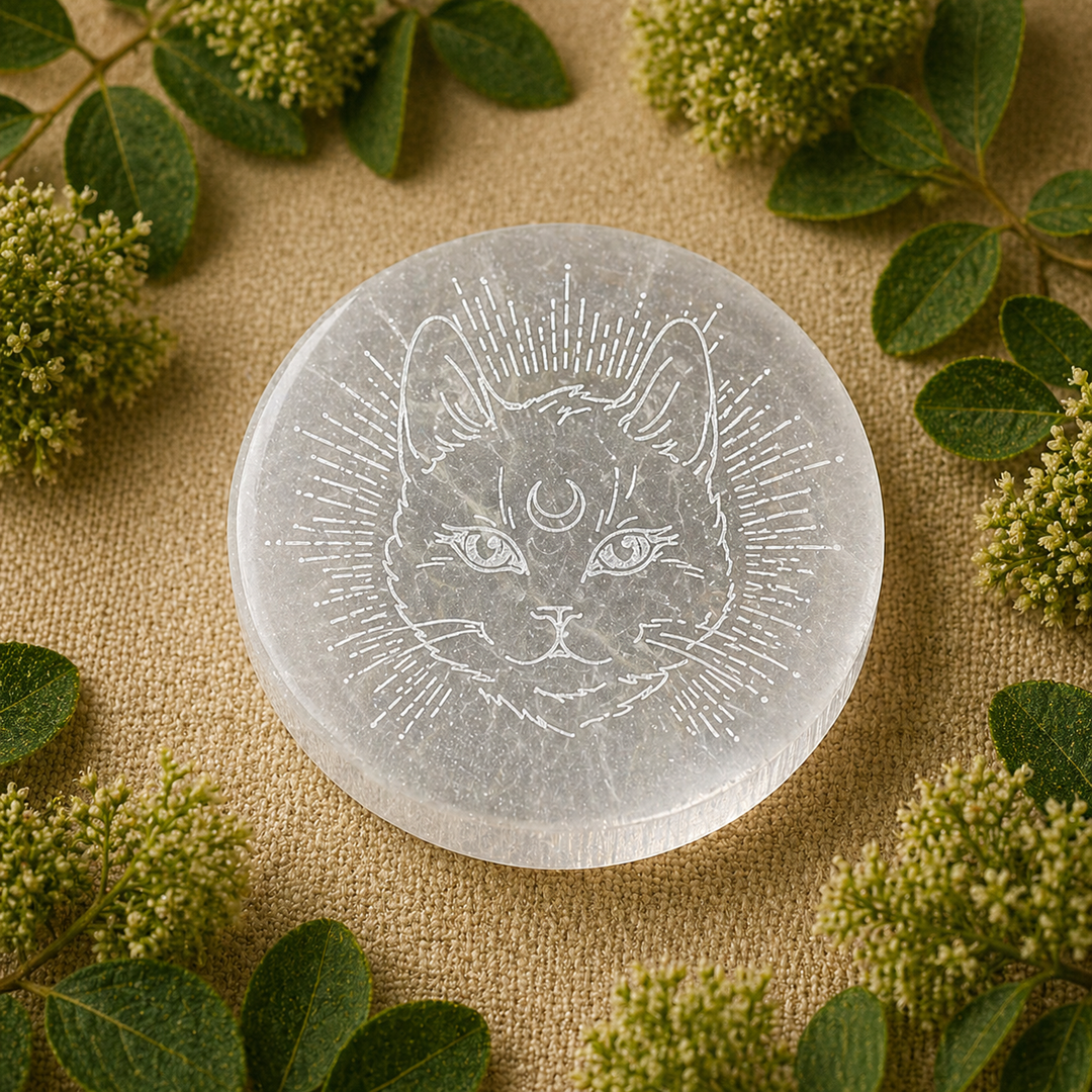 Plate Selenite Familiar Cat 15cm - Instore Only | Carpe Diem With Remi