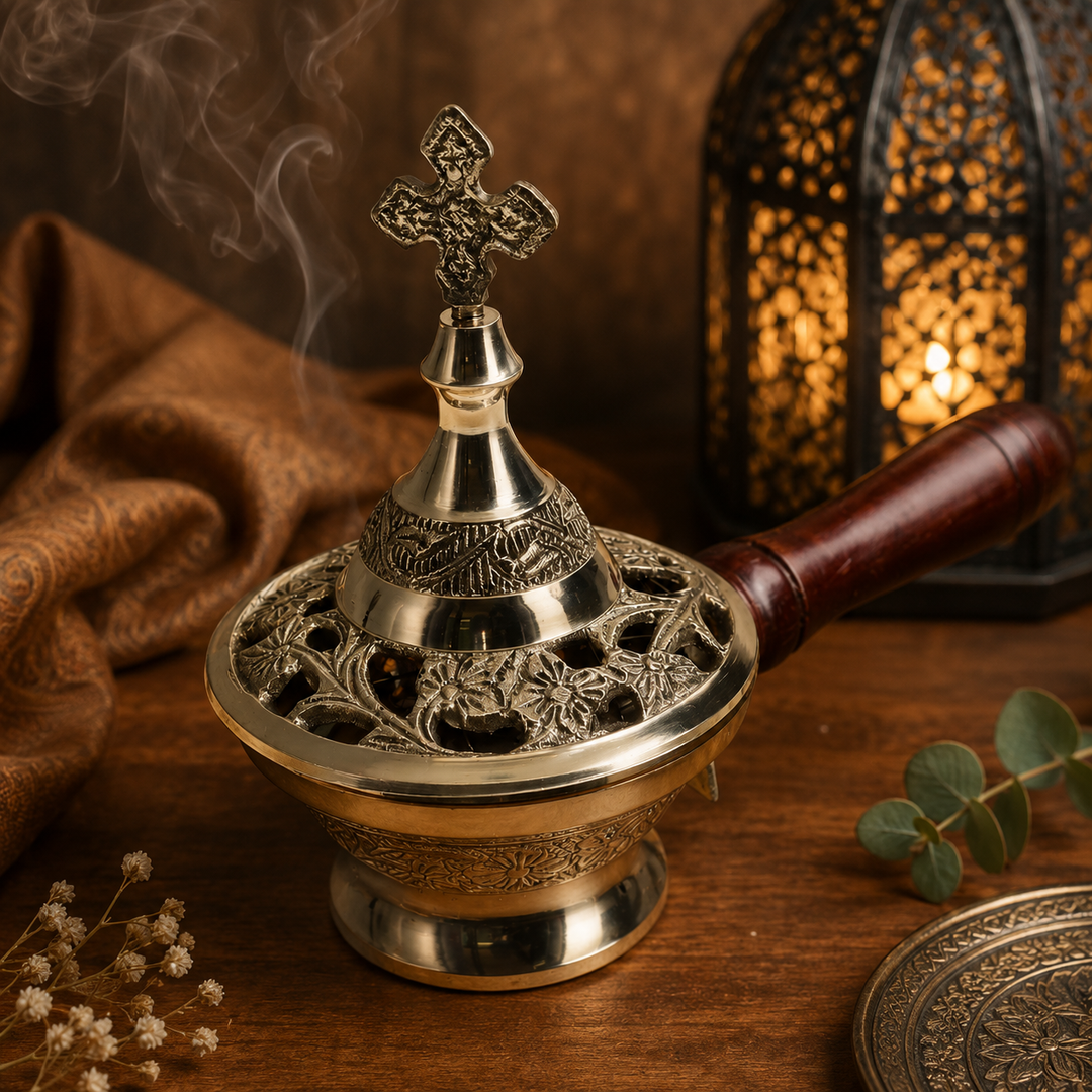 Incense Burner Brass with Cross and Handle 13cm