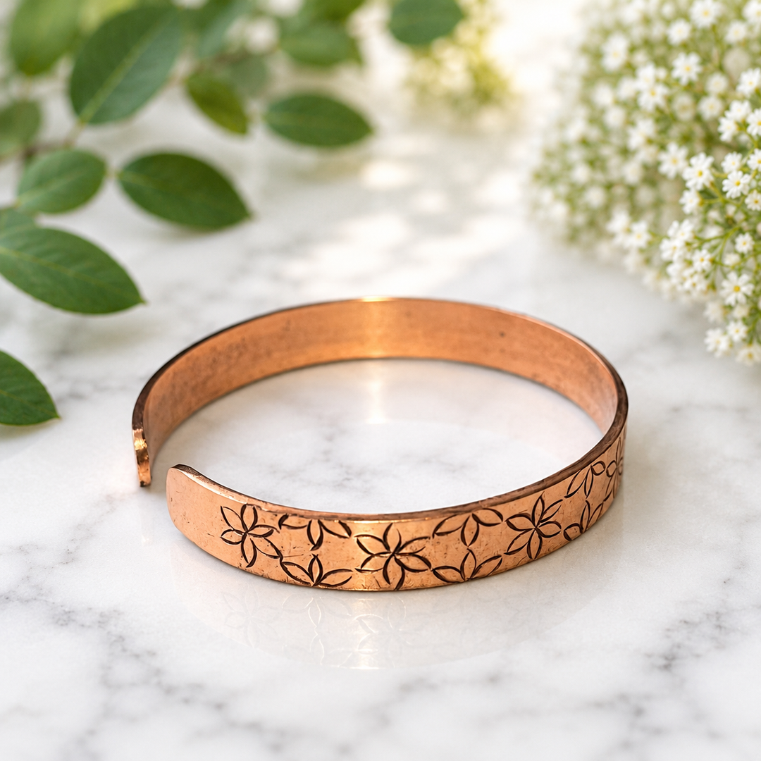 Bracelet Pure Copper Cuff Flower Pattern
