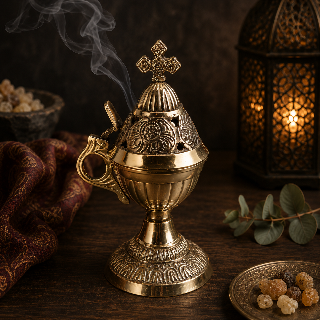 Incense Burner Brass Engraved with Cross and Handle