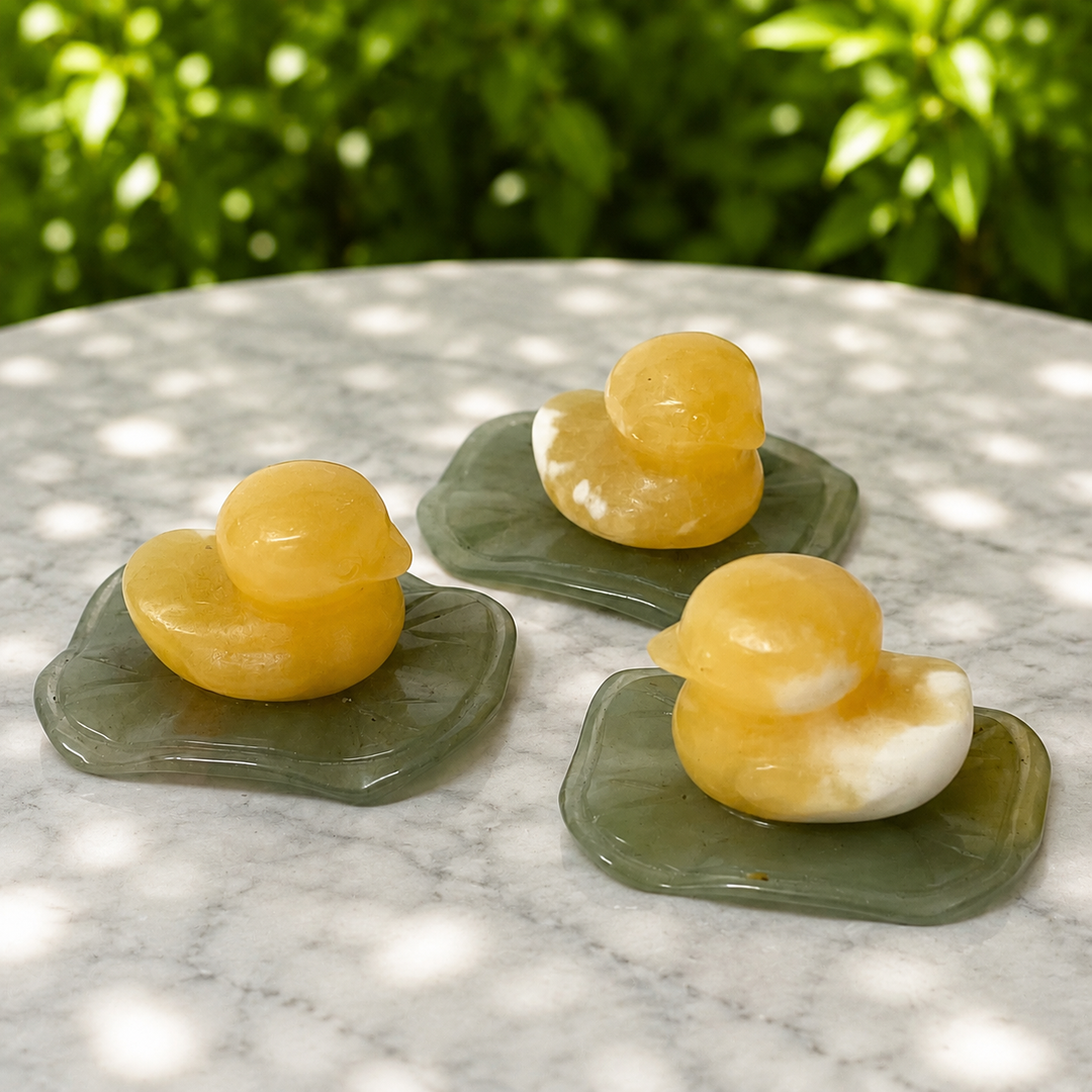 Duck Yellow Calcite on Green Aventurine Leaf
