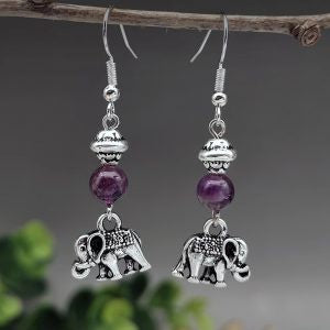 Earrings Amethyst Elephant Charm