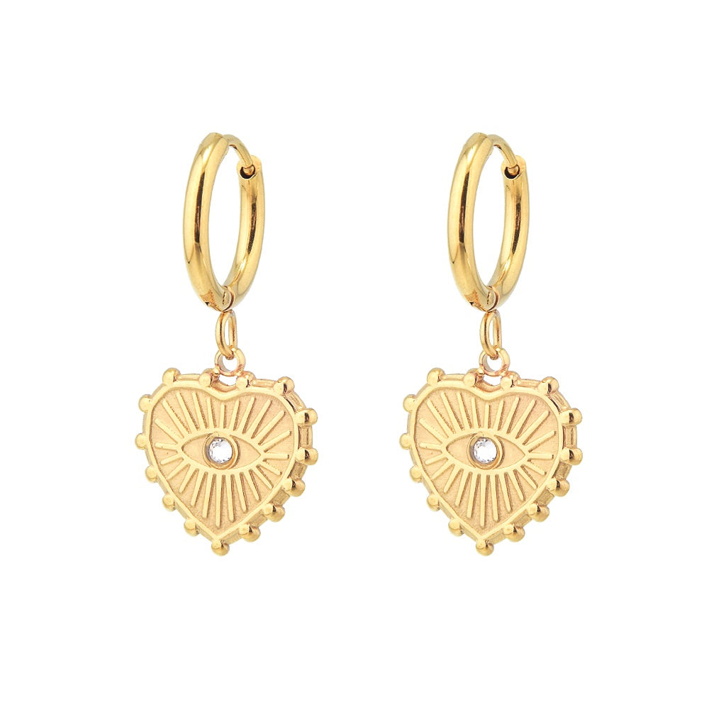Earrings Hoops Gold Heart and Evil Eye