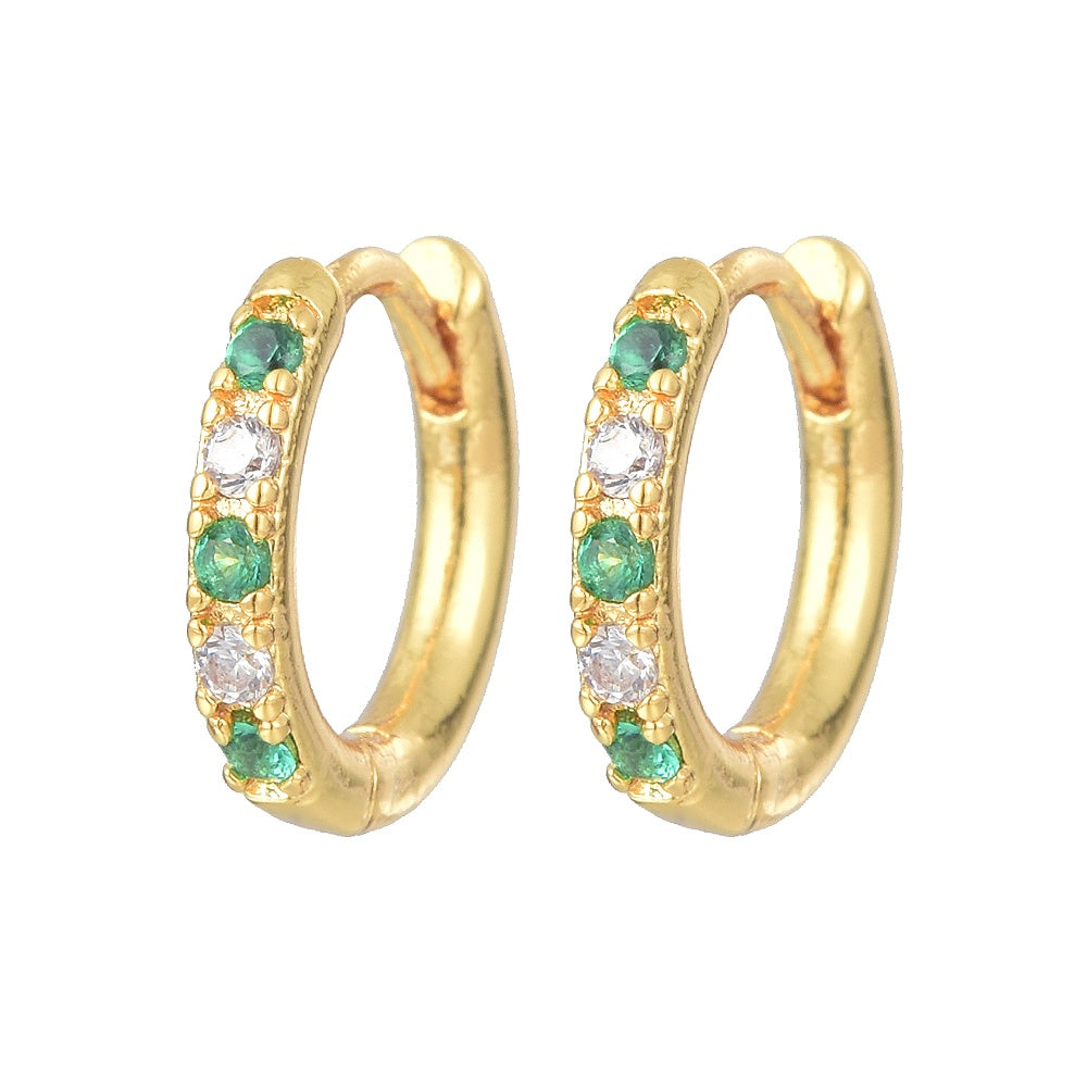 Earrings Gold Hoop with Green and Crystal Gems