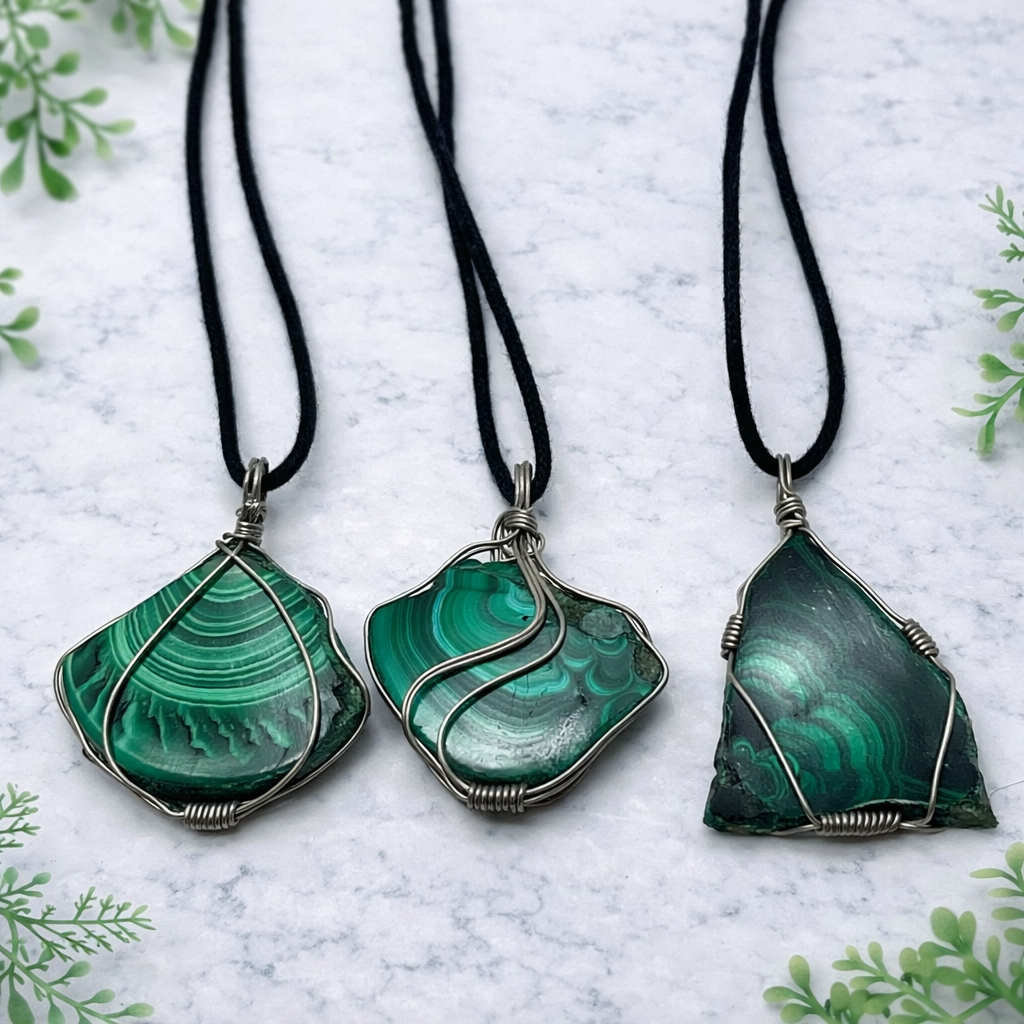 Necklace Malachite Slice on Copper Congo