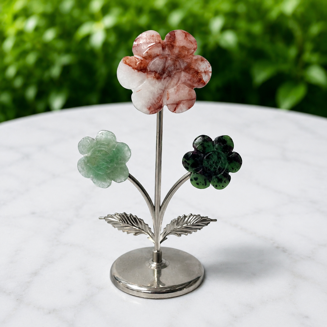 Crystal Flowers on Display Stand Hand-Carved