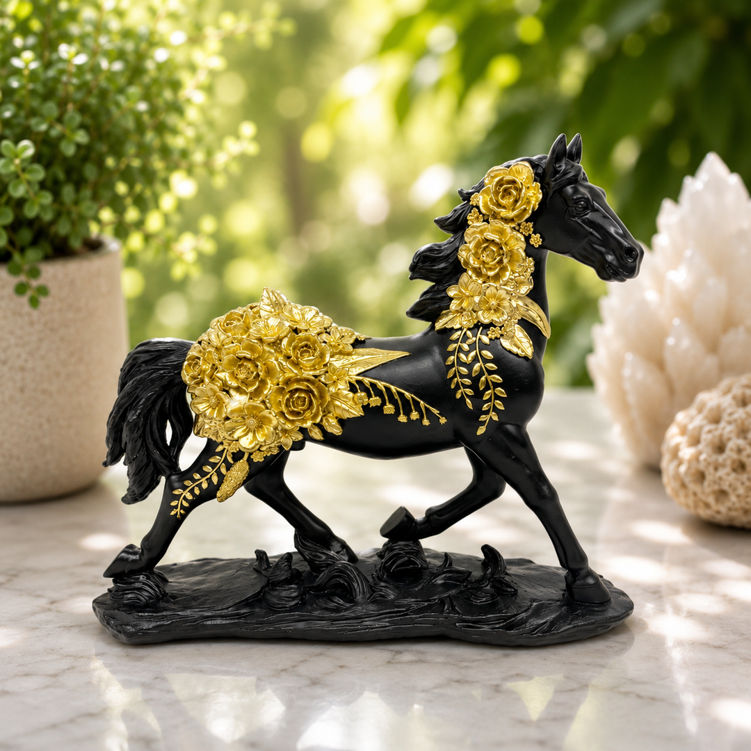 Statue Horse Black and Gold Floral 36 cm - Instore Only