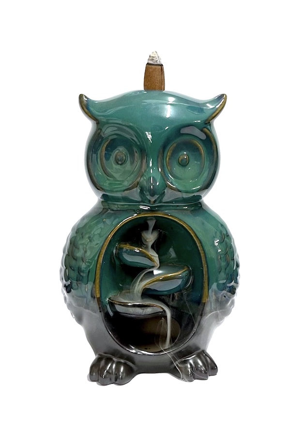 Backflow Burner Owl Ceramic Green and Blue - Instore Only