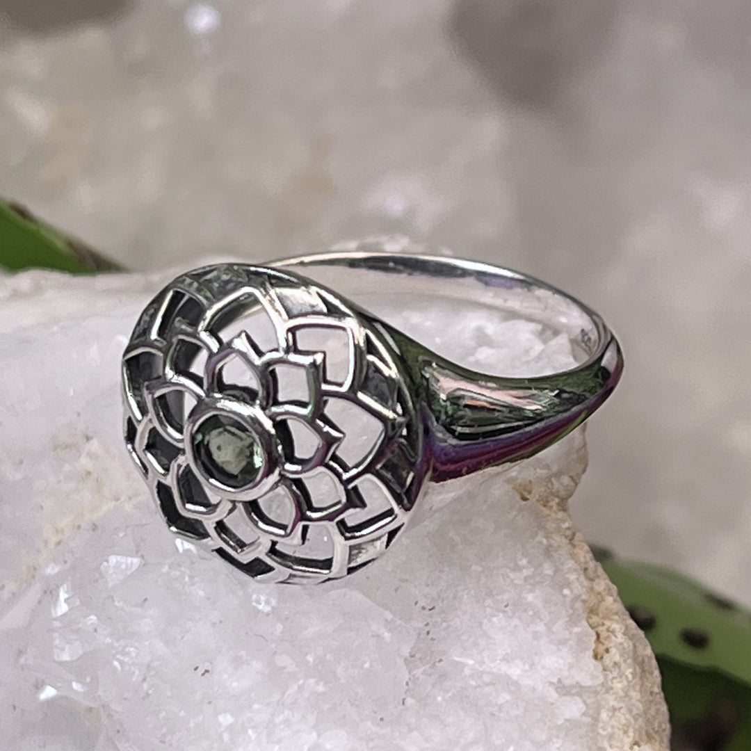 Ring Moldavite Flower of Life Mini Facet