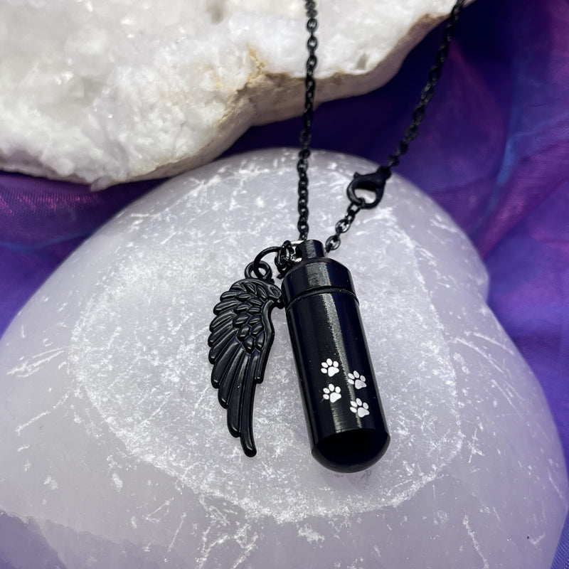 Necklace Vial Black Angel Feather