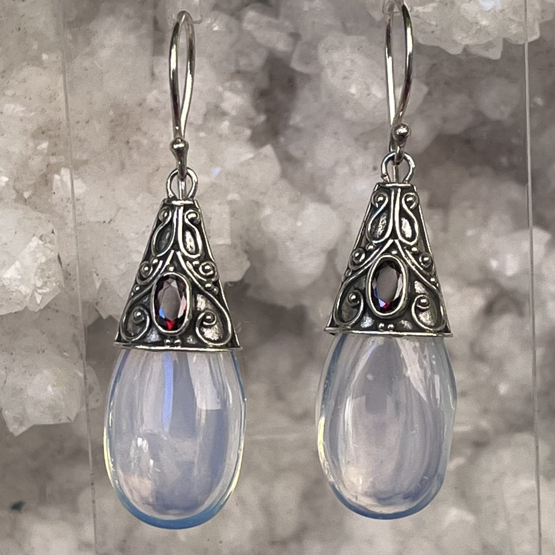 Earrings Opalite and Garnet Drop