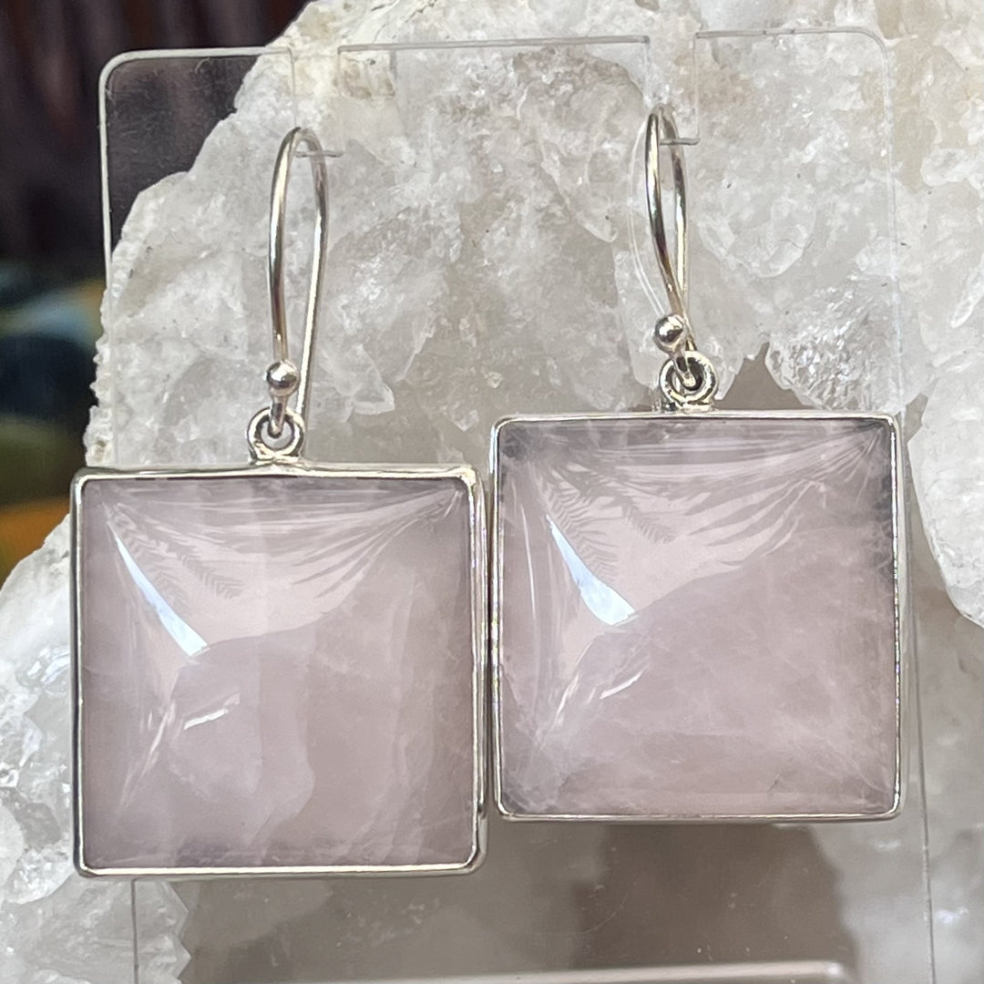 Earrings Rose Quartz Square 3.6 cm