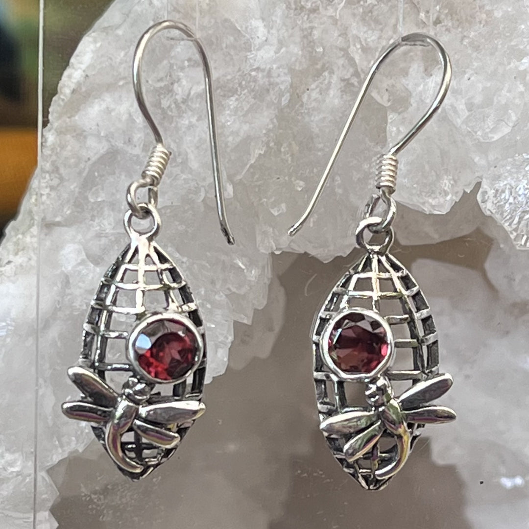 Earrings Dragonfly Garnet Facet 3.4 cm