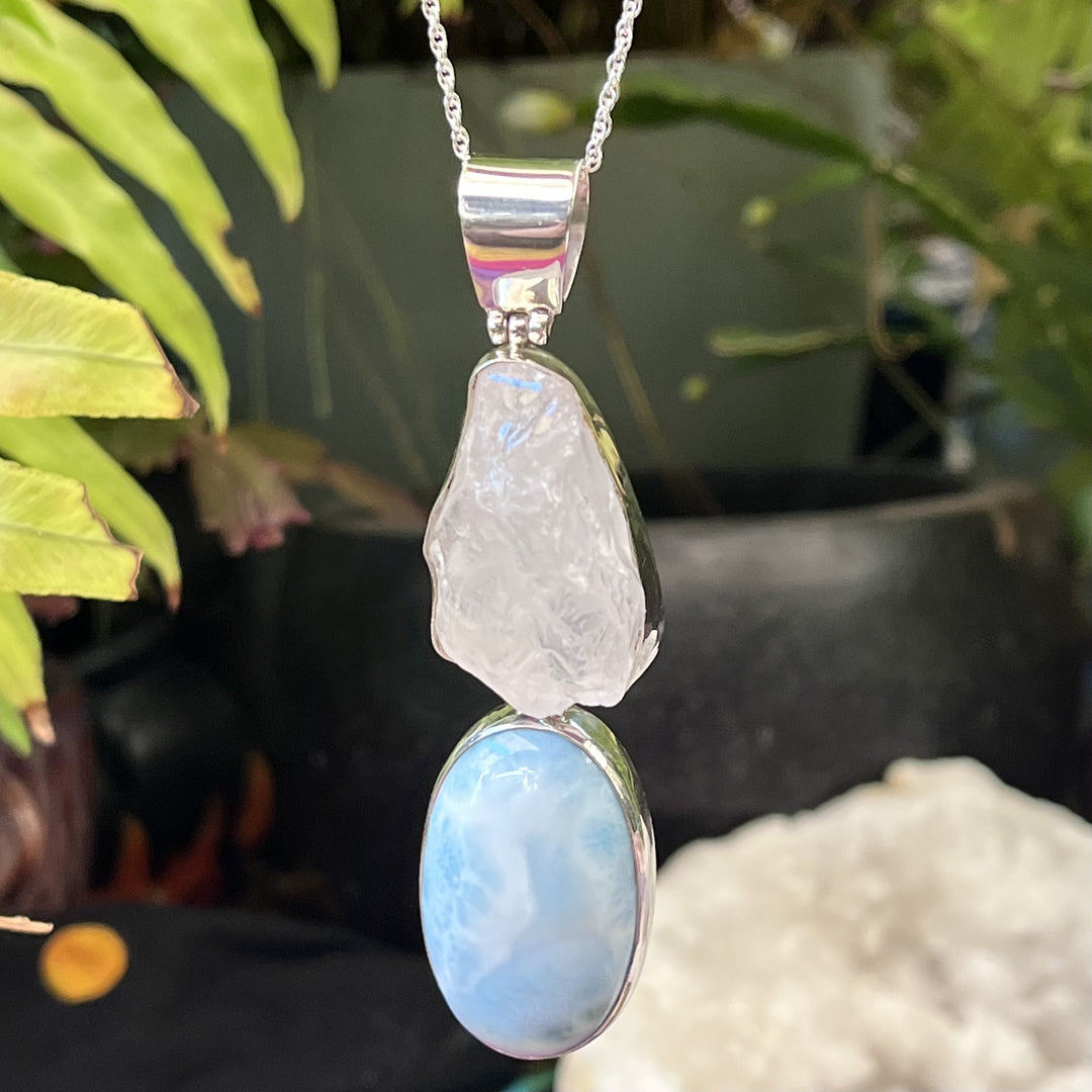 Necklace Larimar with Raw Clear Quartz
