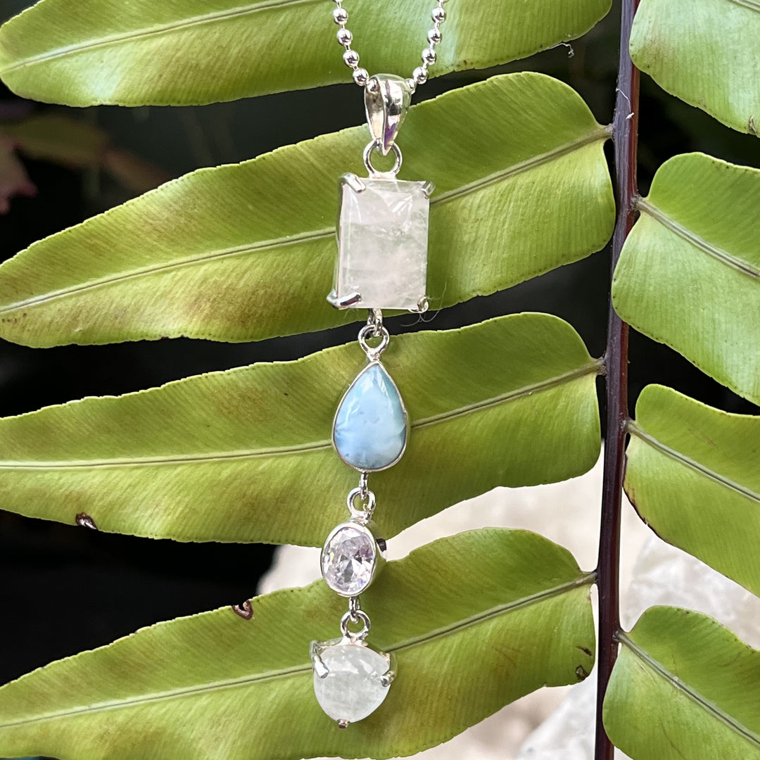 Necklace Rainbow Moonstone Larimar Rose Quartz and Clear Quartz