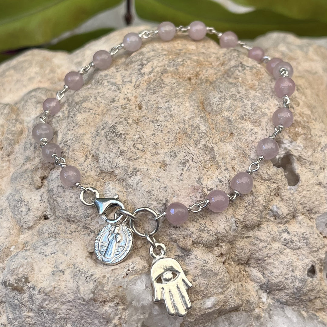 Bracelet Rose Quartz Beads with Hamsa