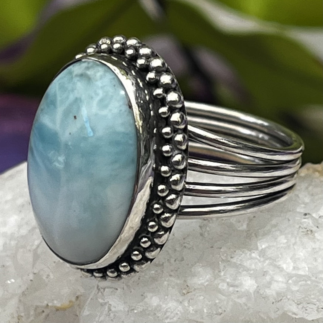 Ring Larimar Oval Silver Beading 1.6 cm
