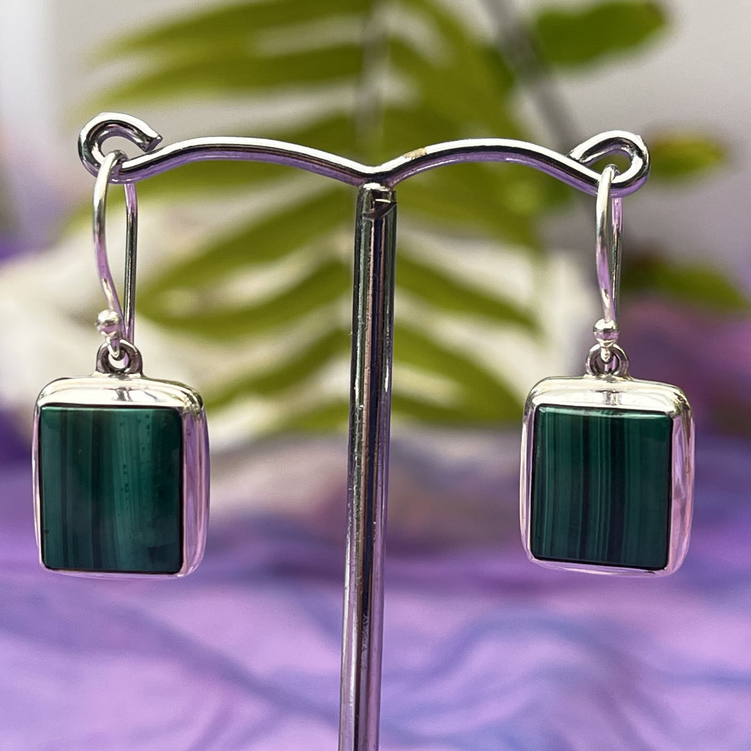 Earrings Malachite Rectangle 1.0 cm