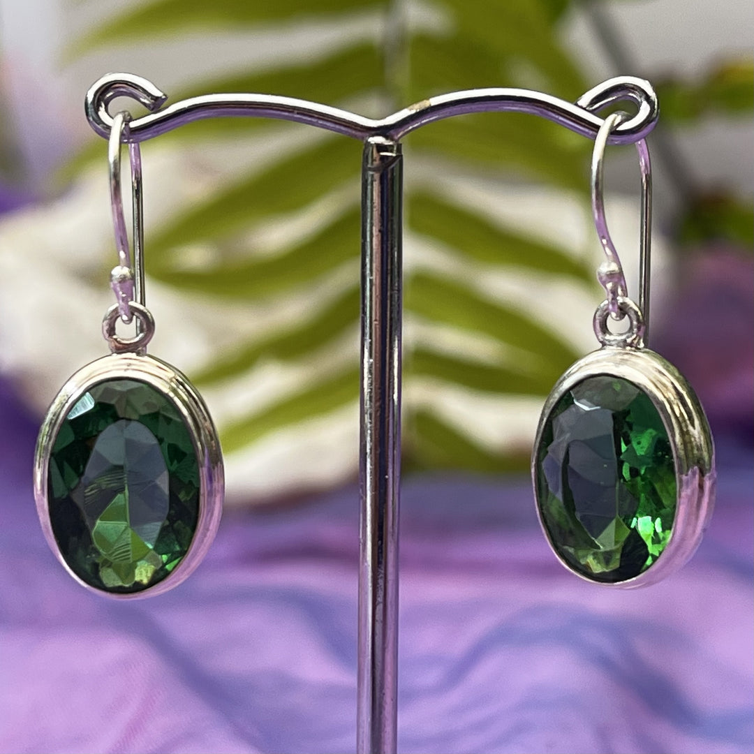 Earrings Green Obsidian Oval Facet 1.3 cm