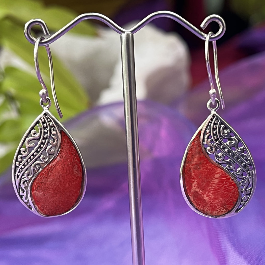 Earrings Red Coral Yin Yang Teardrop 4.0 cm