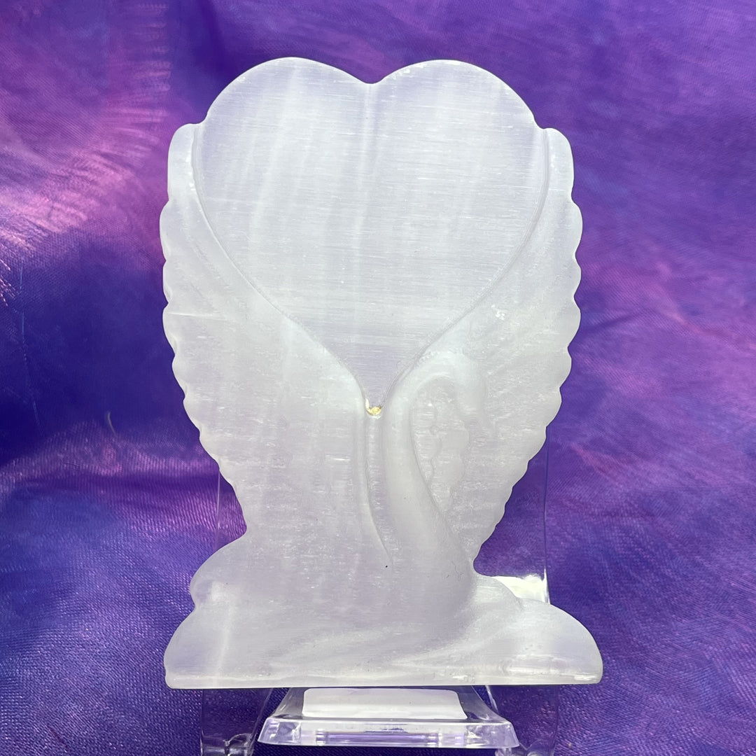 Swan Heart Selenite Satin on Stand