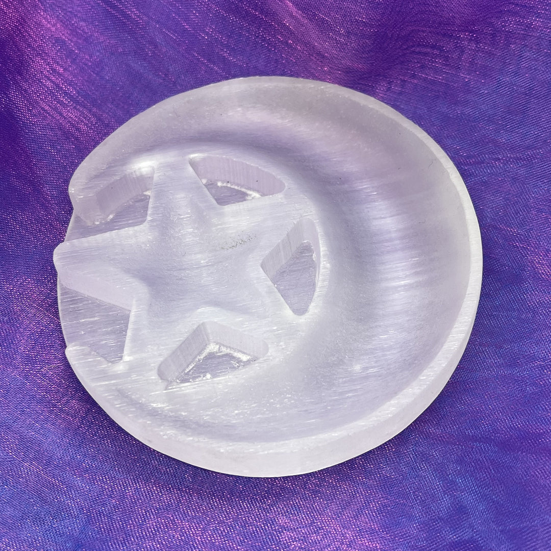 Star and Moon Satin Selenite on Stand 7.7 cm