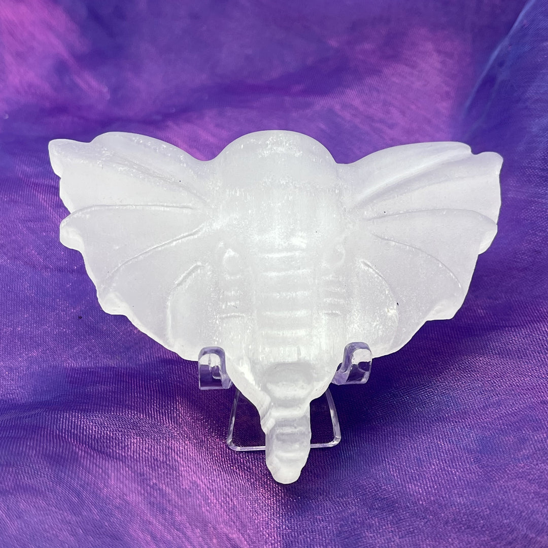 Elephant Head Satin Selenite on Stand