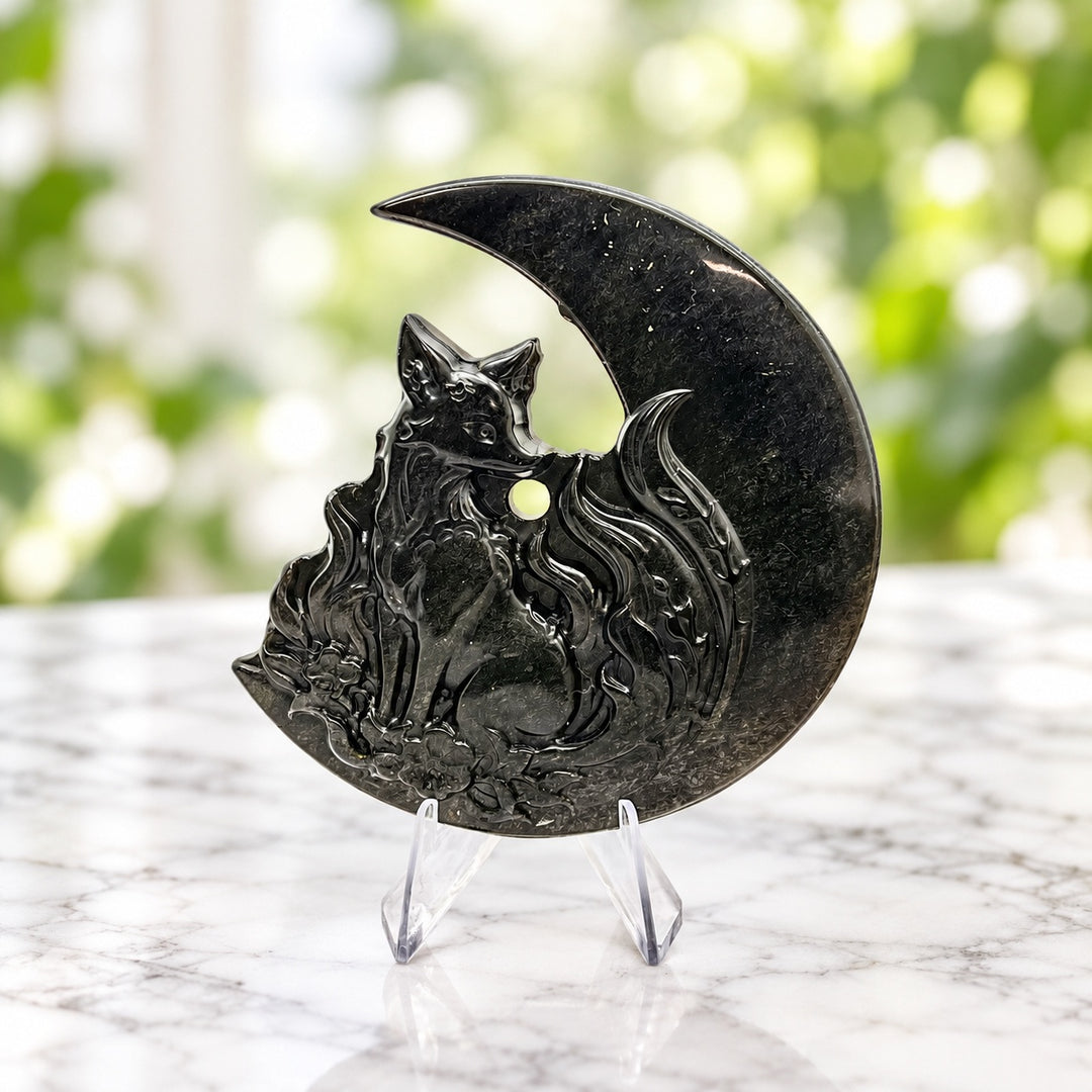 Nine Tail Fox on Moon Golden Obsidian on Stand