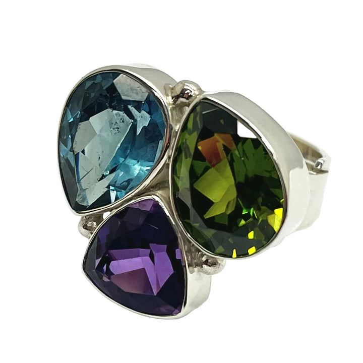 Ring Amethyst Peridot Blue Topaz Adjustable