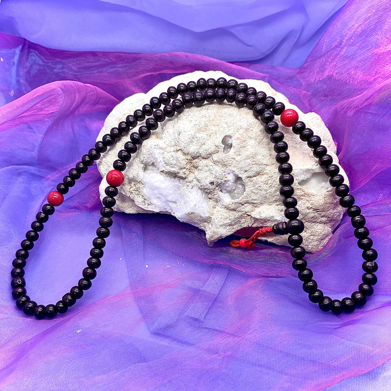 Mala Beads Rosewood Black with Red Coral