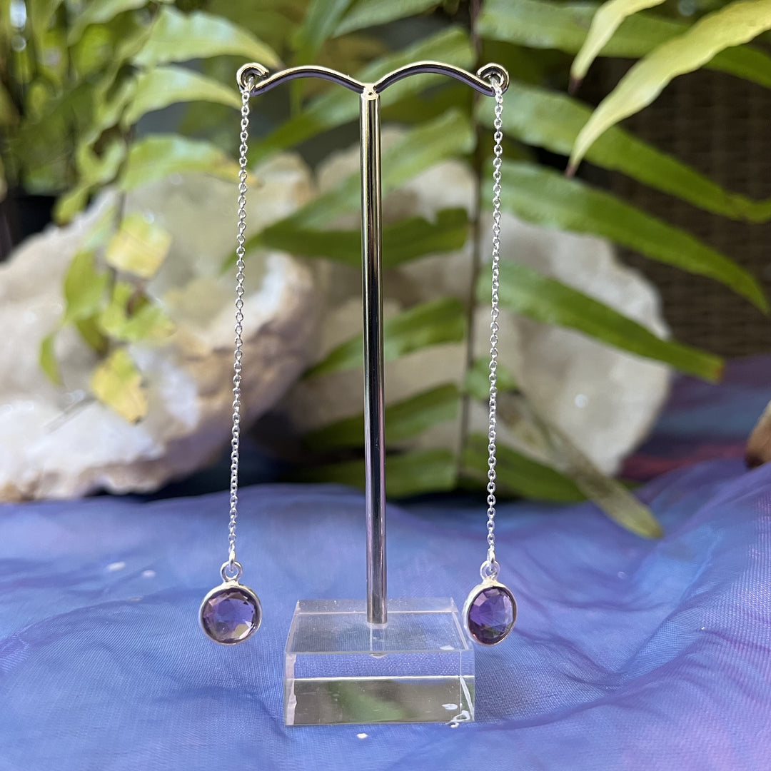 Earrings Amethyst Round Facet Hanging Chain