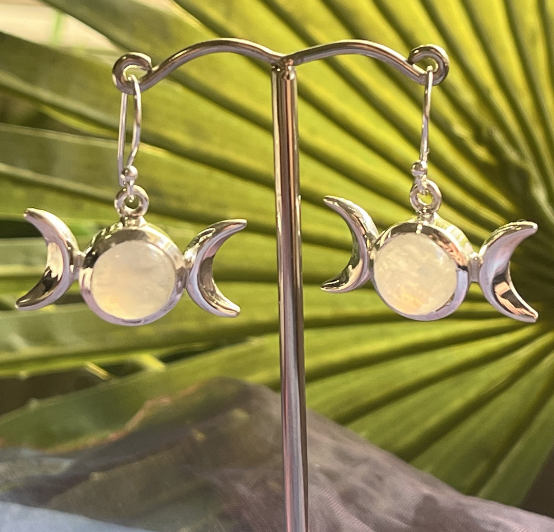 Earrings Rainbow Moonstone Triple Moon