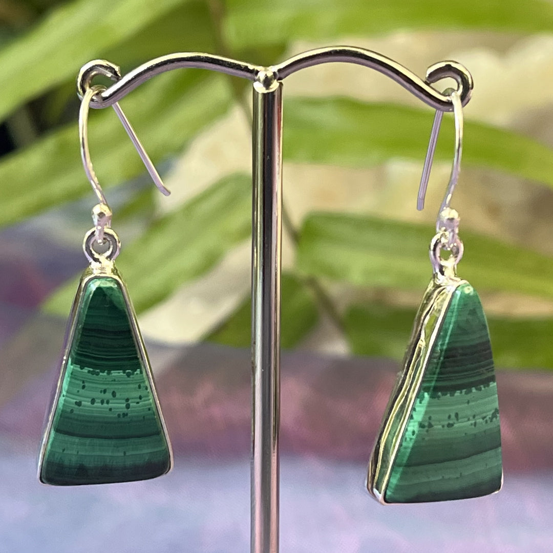 Earrings Malachite Triangular 3.9 cm