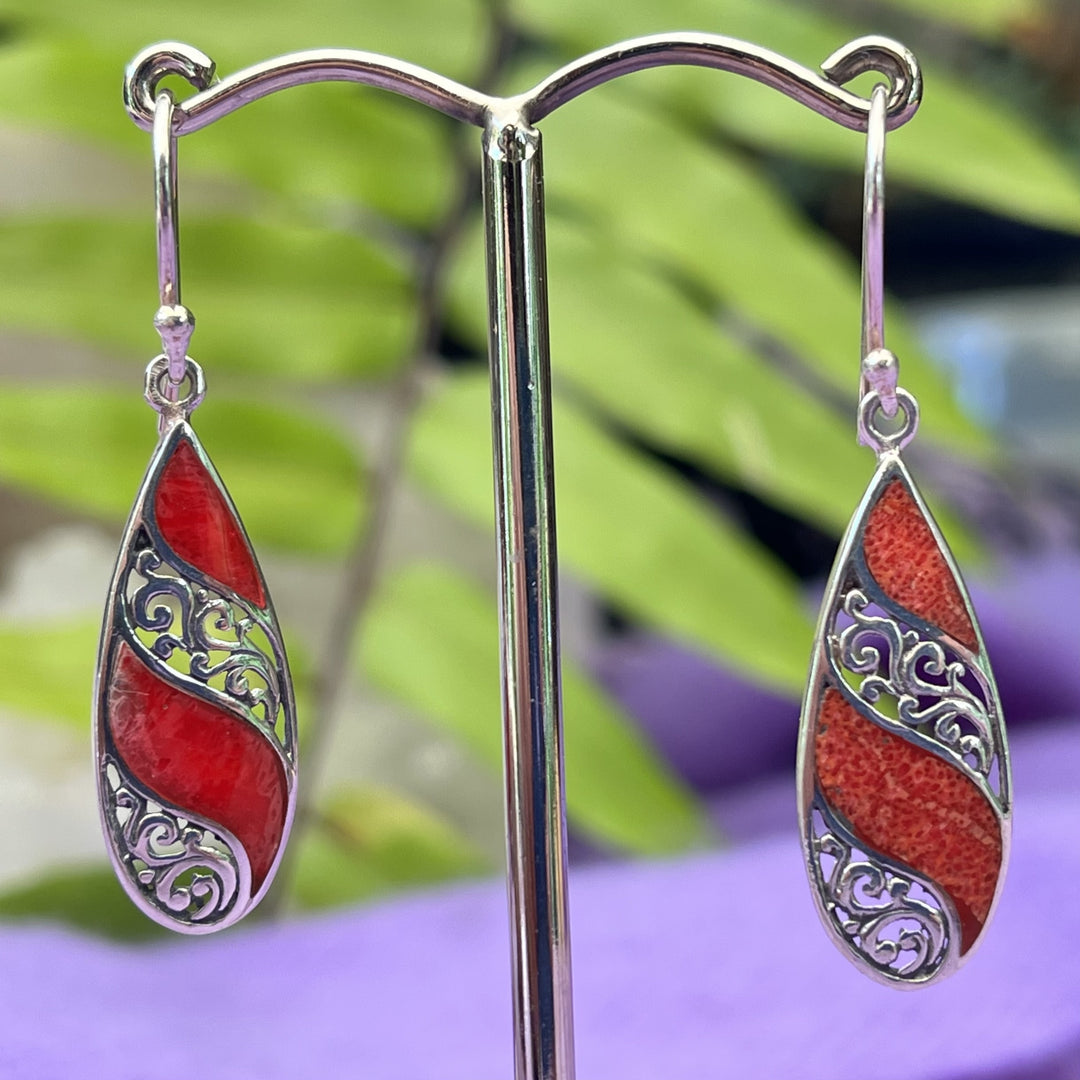 Earrings Red Coral Filigree Teardrop 4.1 cm