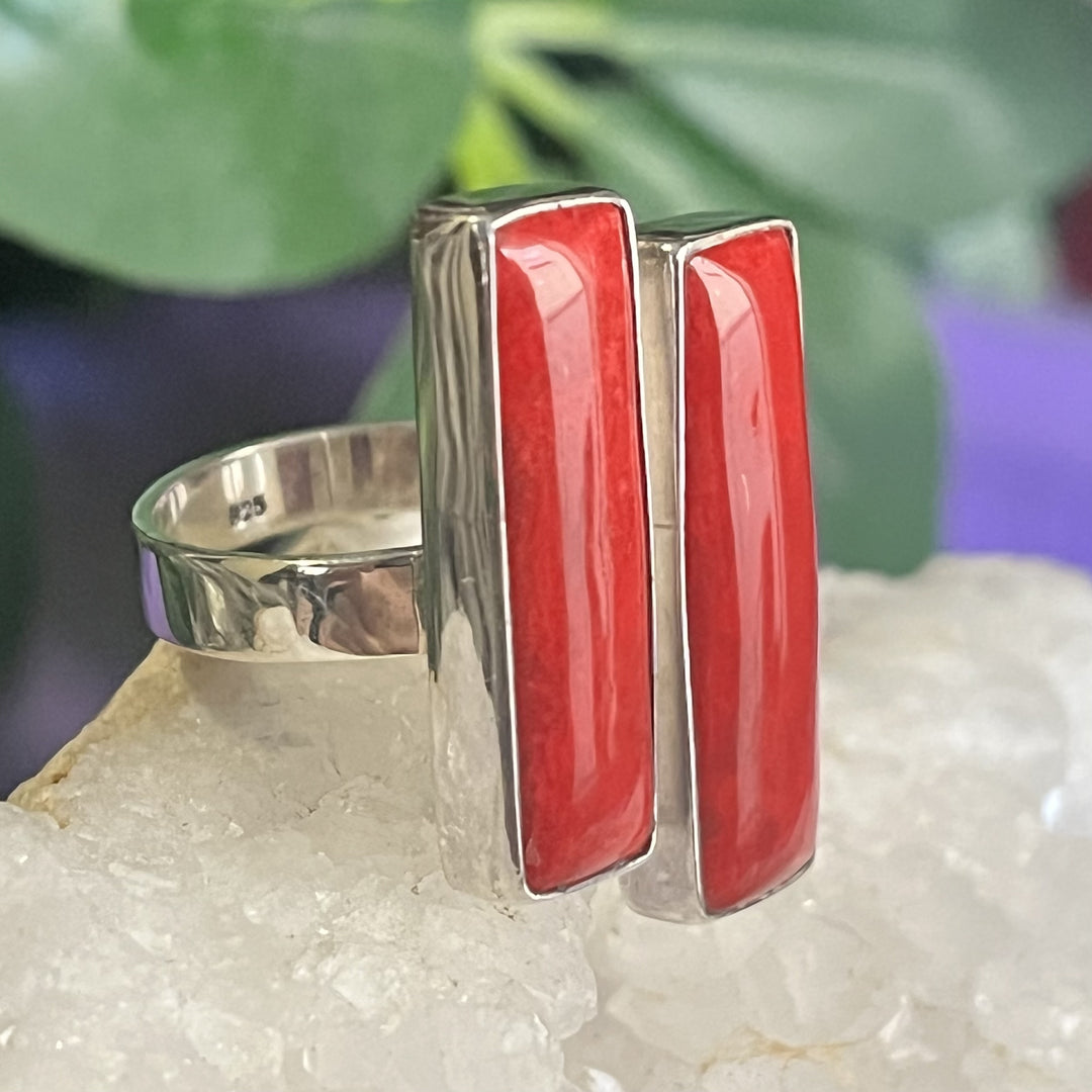 Ring Red Coral Rectangle 2 Stone