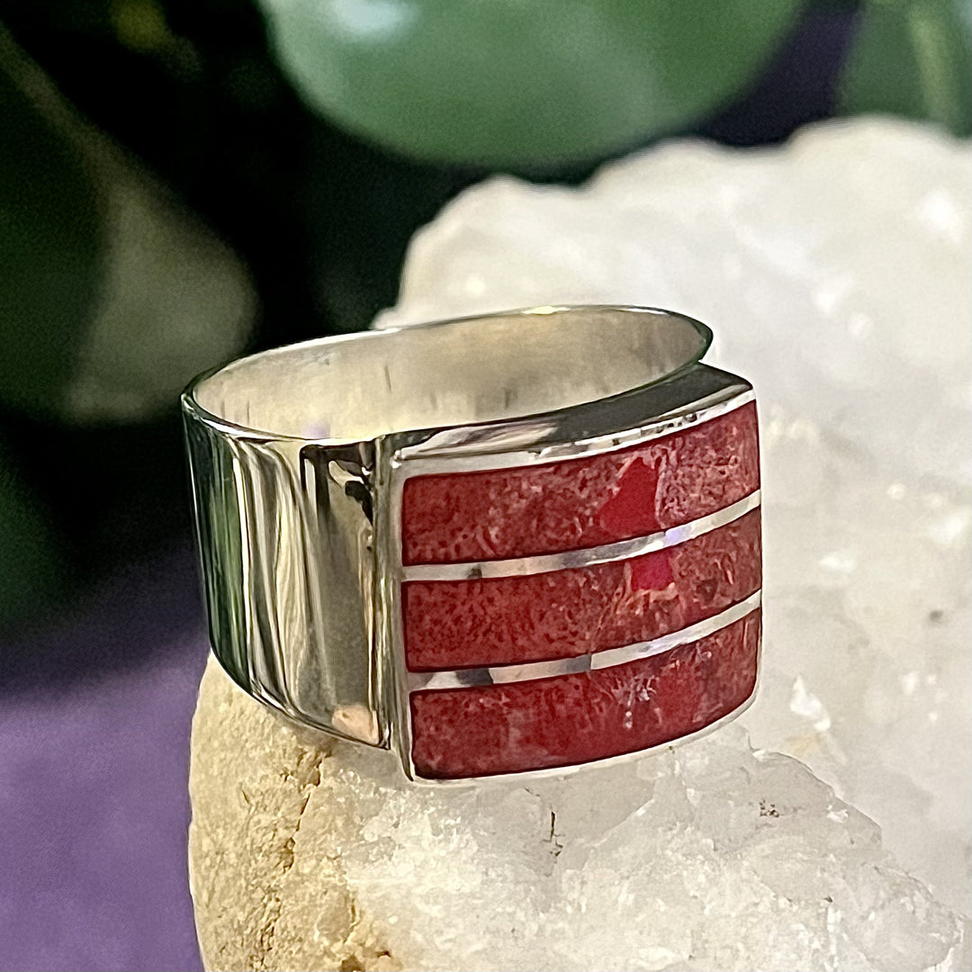 Ring Red Coral Rectangle 1.2 cm